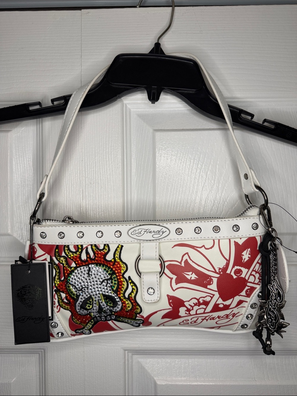Ed Hardy White Shoulder Bag with Red Graphic Skull